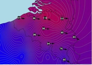 Vitesses des rafales les plus fortes mesurées le 18 janvier 2018